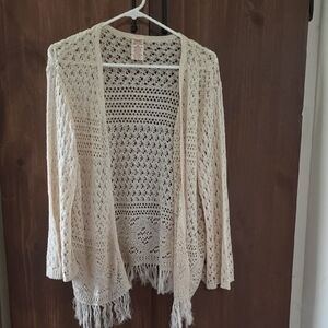 Faded Glory Crochet Open-Front Fringe Cardigan - Cream
